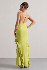 Lime Green Racer-Neck Ruffle Maxi Dress